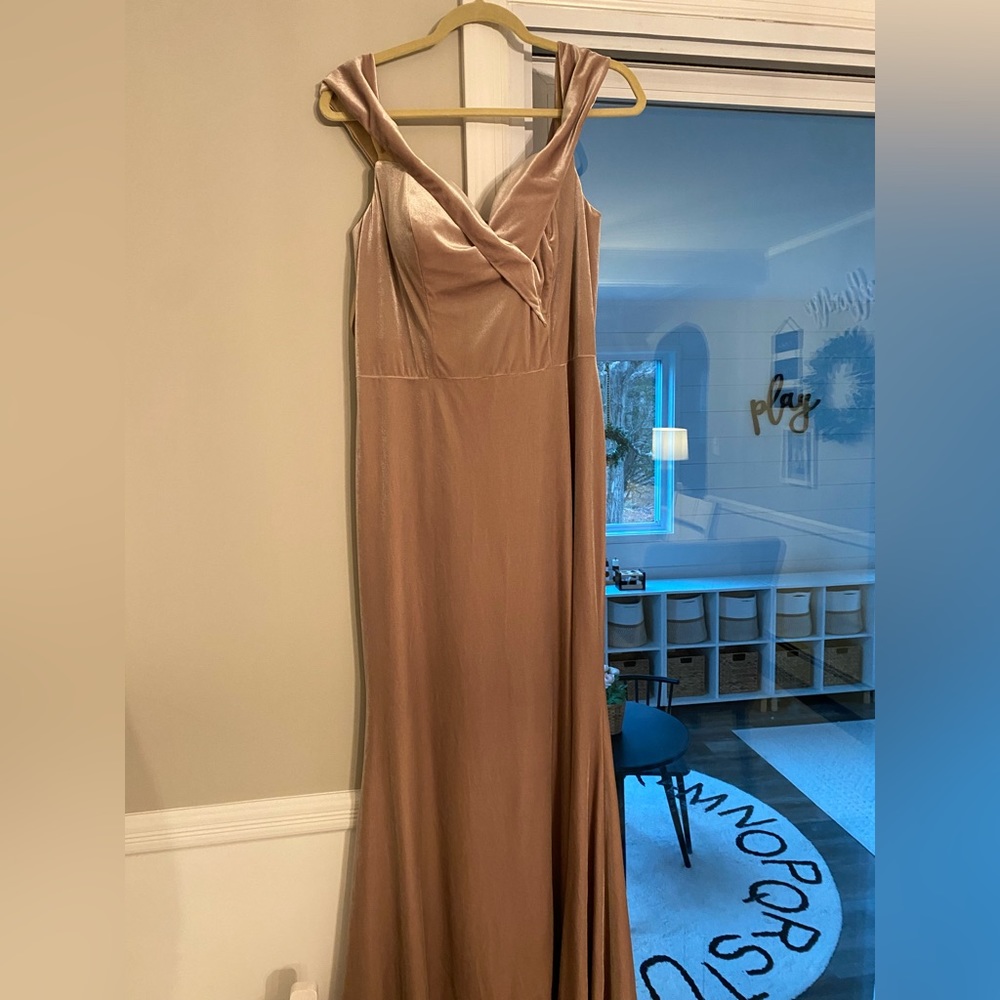 Revelry Champagne Velvet Bridesmaid Dress, Size 14, Petite Maxi, Style: Bardot
